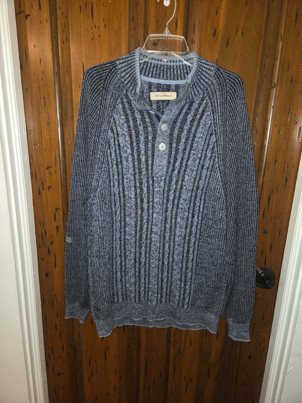 Tommy Bahama Men's XL Pima Cotton Cable Knit Henley Sweater Blue Gray Mock Neck